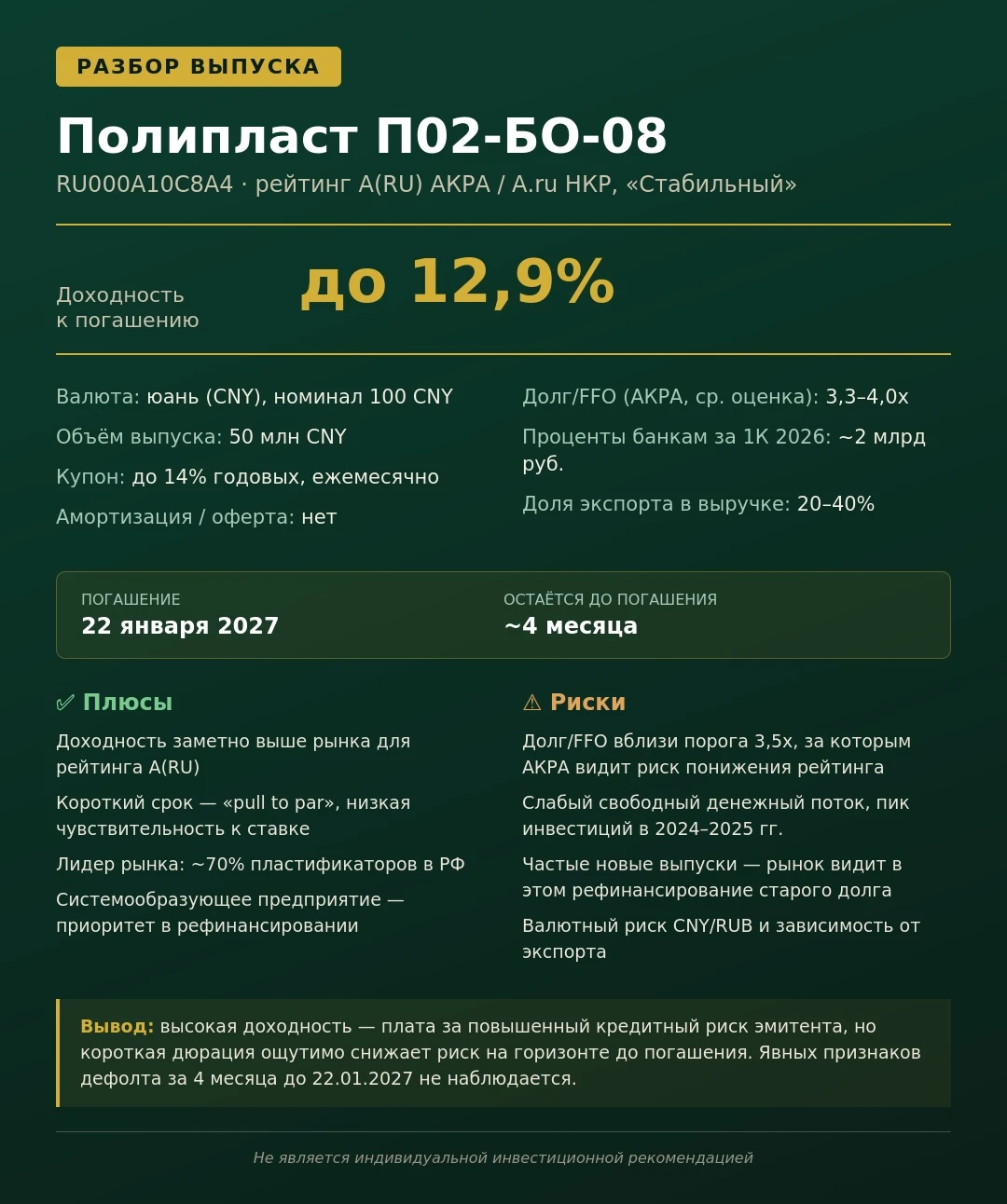 📌 Полипласт П02-БО-08 (RU000A10C8A4) — привлекательная доходность на коротком сроке По доходности выпуск - изображение